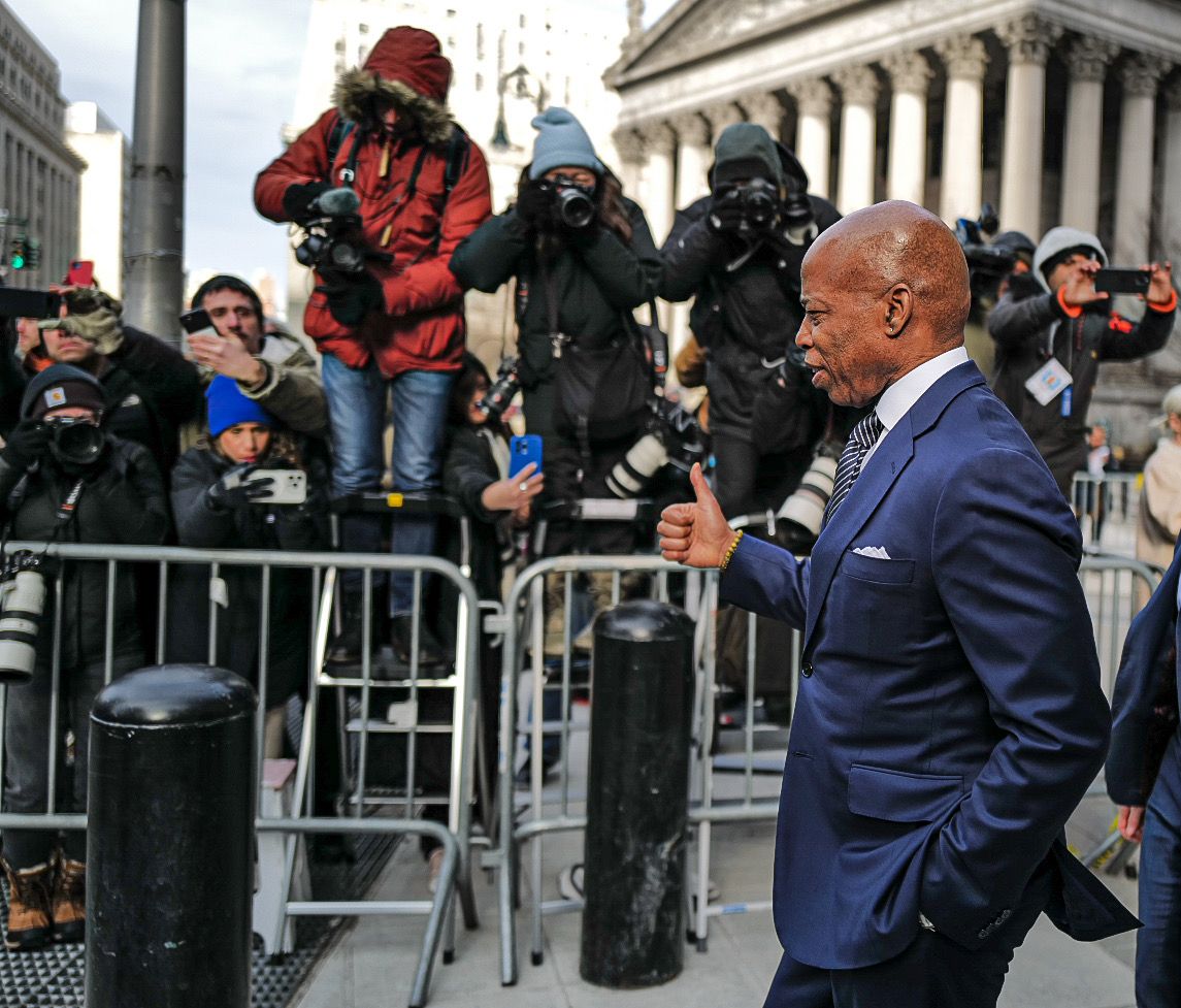 Mayor Eric Adams leaves court on Feb. 19.