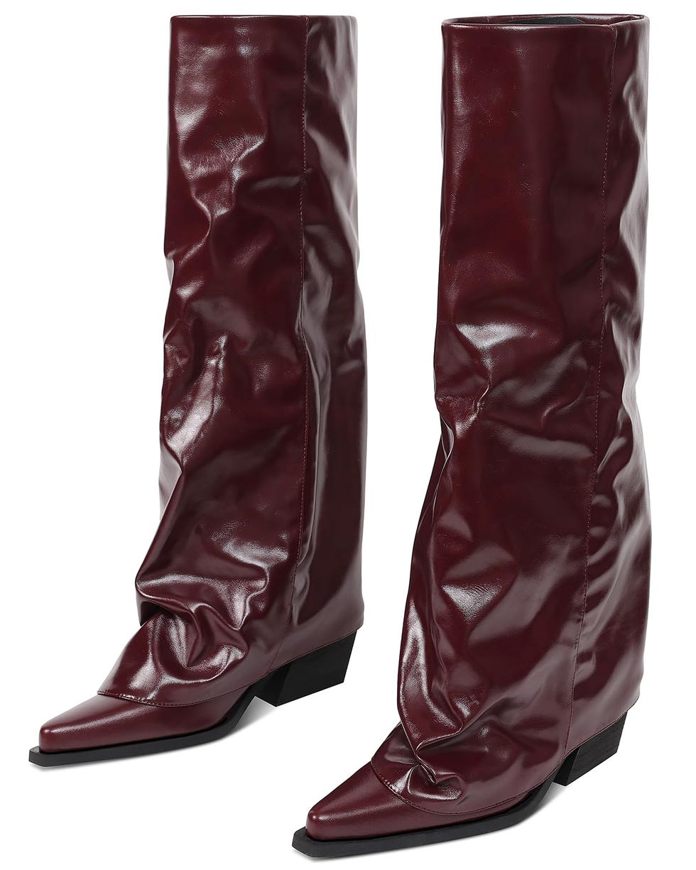 Burgundy Red Fold Over Knee High Boots